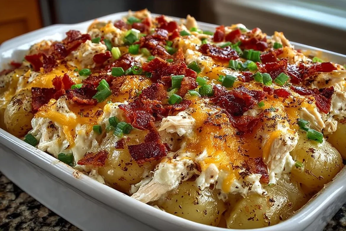 Delicious loaded baked potato and chicken casserole served in a baking dish.