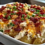 Delicious loaded baked potato and chicken casserole served in a baking dish.