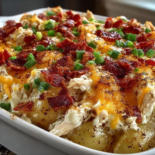 Delicious loaded baked potato and chicken casserole served in a baking dish.