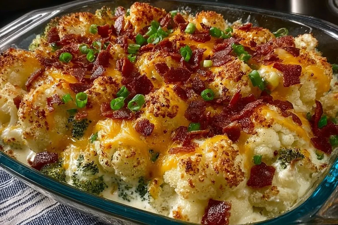 Loaded Cauliflower Bake with cheese and toppings in a baking dish