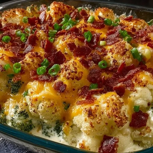 Loaded Cauliflower Bake with cheese and toppings in a baking dish