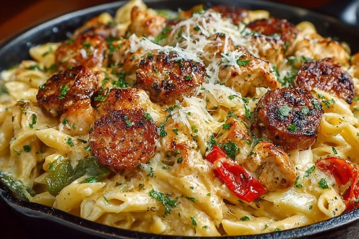 Loaded Chicken and Cajun Sausage Pasta Casserole baked in a dish