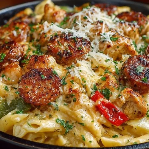 Loaded Chicken and Cajun Sausage Pasta Casserole baked in a dish