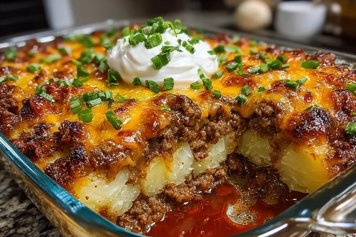 Loaded potato casserole topped with meatloaf, cheese, and green onions.