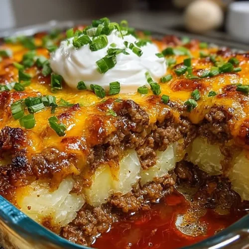 Loaded potato casserole topped with meatloaf, cheese, and green onions.