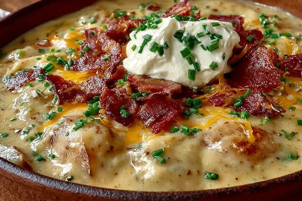 Bowl of creamy loaded potato soup topped with cheese and green onions