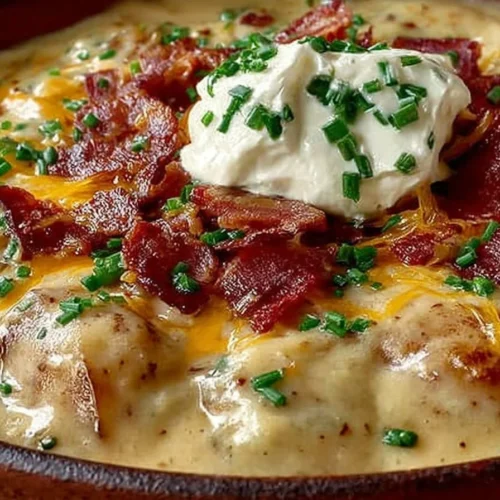 Bowl of creamy loaded potato soup topped with cheese and green onions
