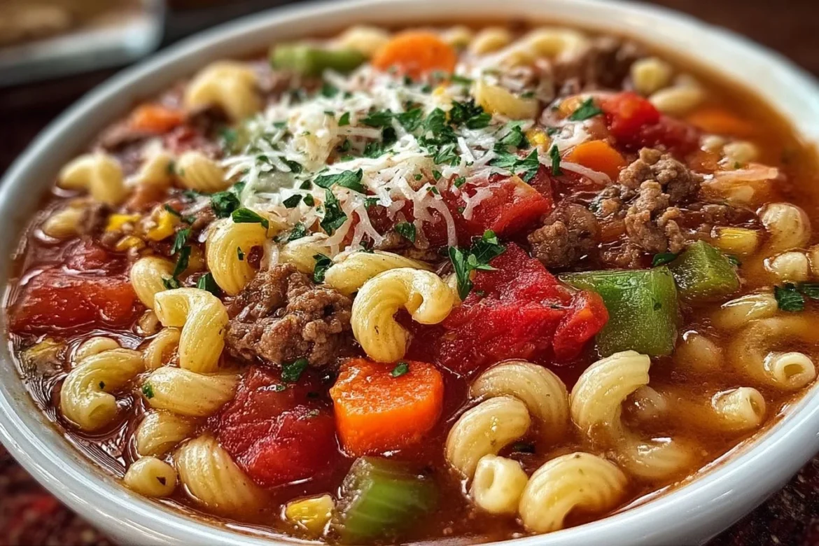 Bowl of Macaroni Soup with hamburger and vegetables, perfect comfort food.