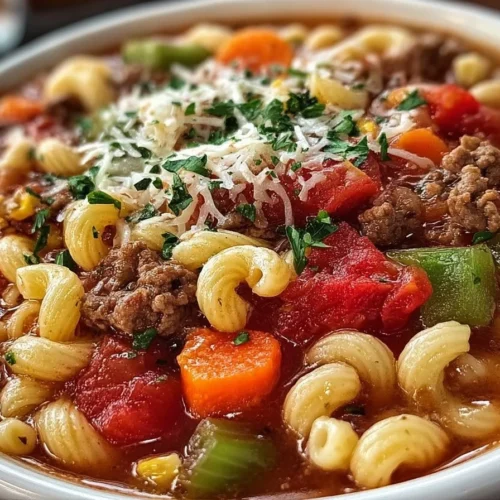 Bowl of Macaroni Soup with hamburger and vegetables, perfect comfort food.