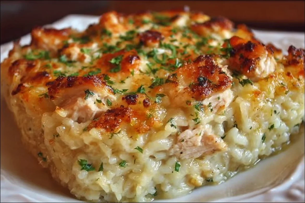 Mamaw's Chicken and Rice Casserole baked and ready to serve with golden brown topping
