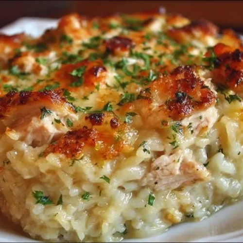 Mamaw's Chicken and Rice Casserole baked and ready to serve with golden brown topping