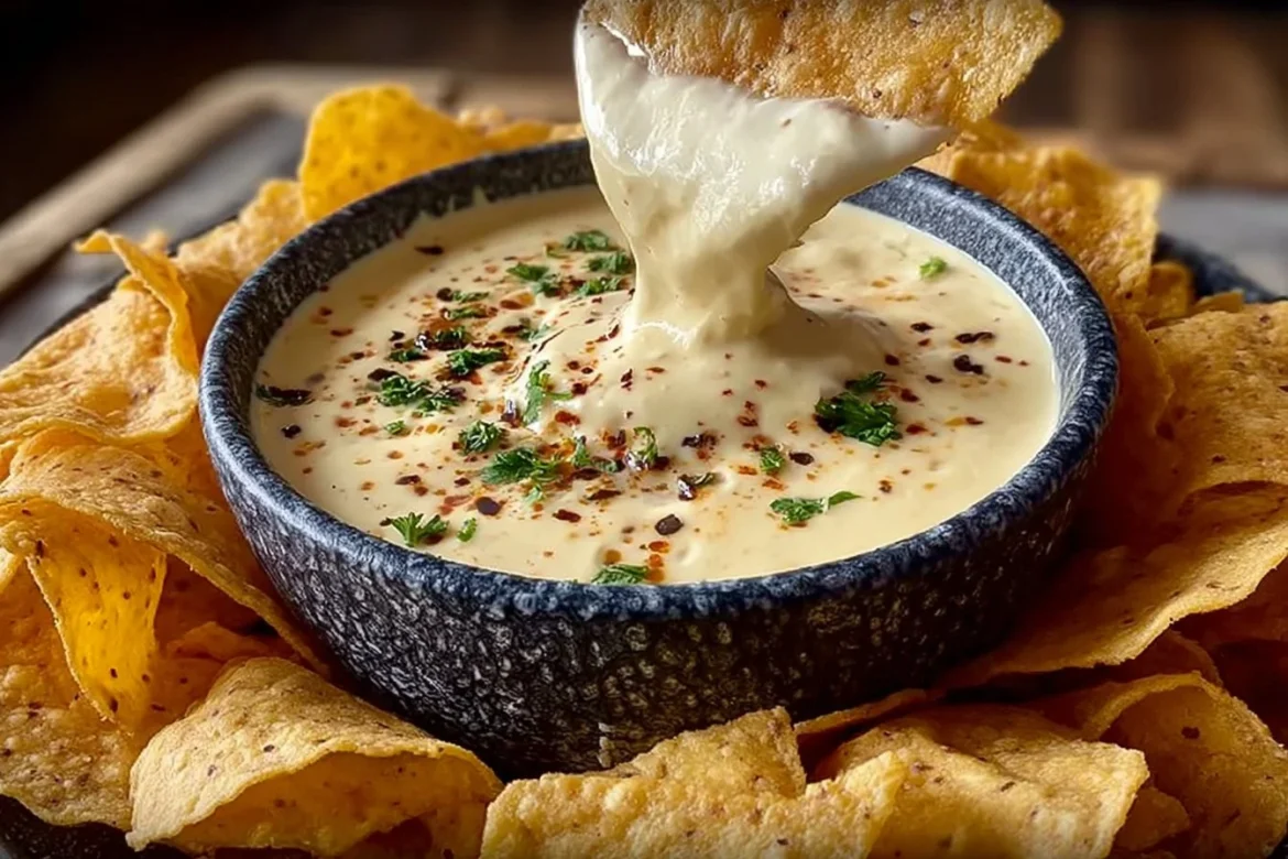 Delicious Mexican restaurant style white cheese queso dip served with tortilla chips