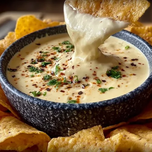Delicious Mexican restaurant style white cheese queso dip served with tortilla chips