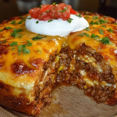 Delicious Mexican tortilla casserole layered with tortillas, cheese, and spices.