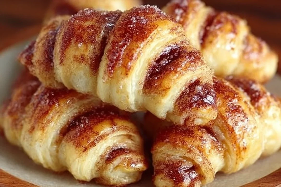 Mini cinnamon crescent rolls fresh out of the oven on a plate.