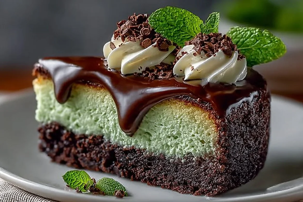 Delicious Mint Chocolate Cheesecake Cake garnished with chocolate and mint leaves