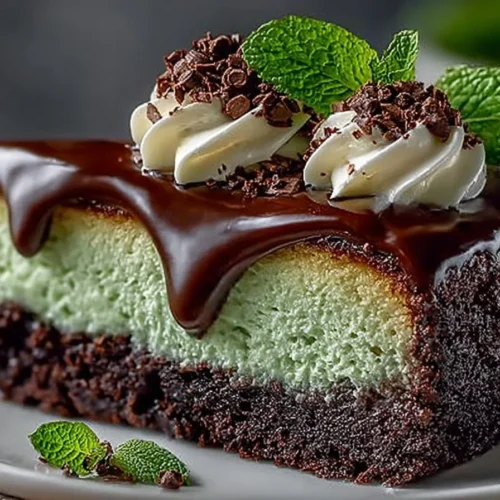 Delicious Mint Chocolate Cheesecake Cake garnished with chocolate and mint leaves