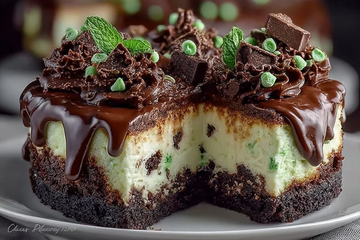 Delicious Mint Chocolate Fudge Cheesecake topped with chocolate and mint garnish