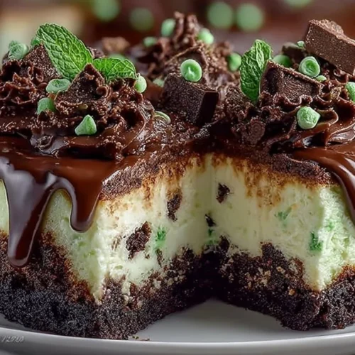 Delicious Mint Chocolate Fudge Cheesecake topped with chocolate and mint garnish