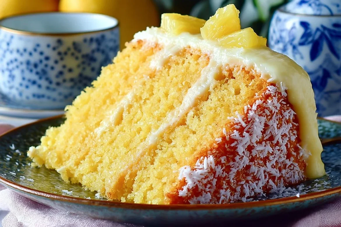 Moist pineapple coconut cake topped with fresh coconut and pineapple slices