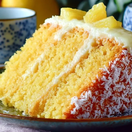 Moist pineapple coconut cake topped with fresh coconut and pineapple slices