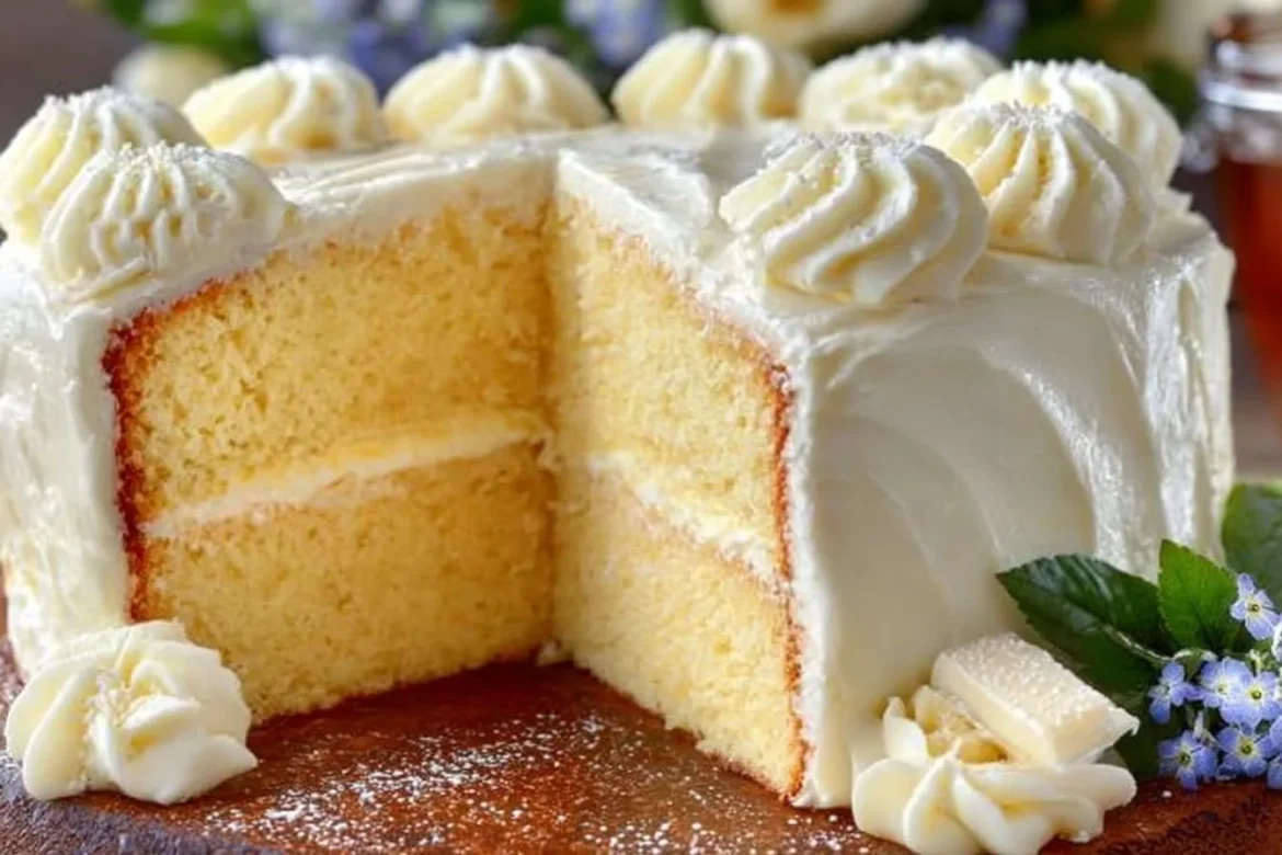 Moist white chocolate velvet cake with creamy frosting and elegant decoration.