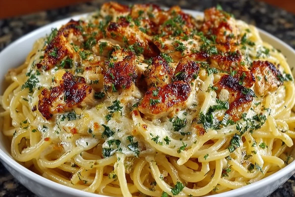 Monterey Chicken Spaghetti Bake topped with melted cheese and herbs