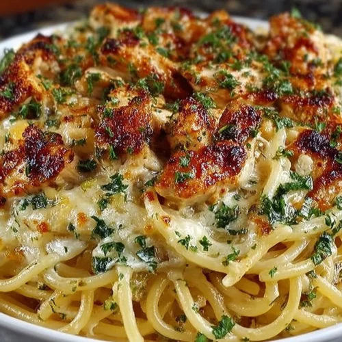 Monterey Chicken Spaghetti Bake topped with melted cheese and herbs