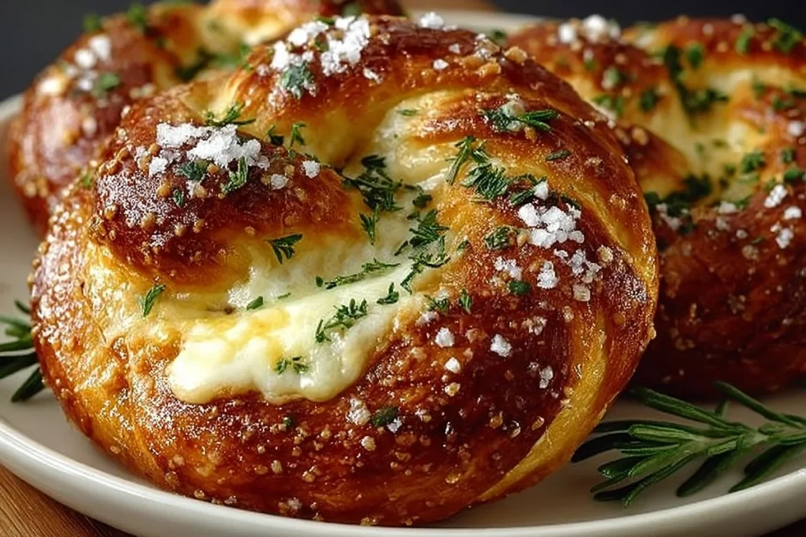 Delicious mozzarella-stuffed soft pretzels baked to golden perfection