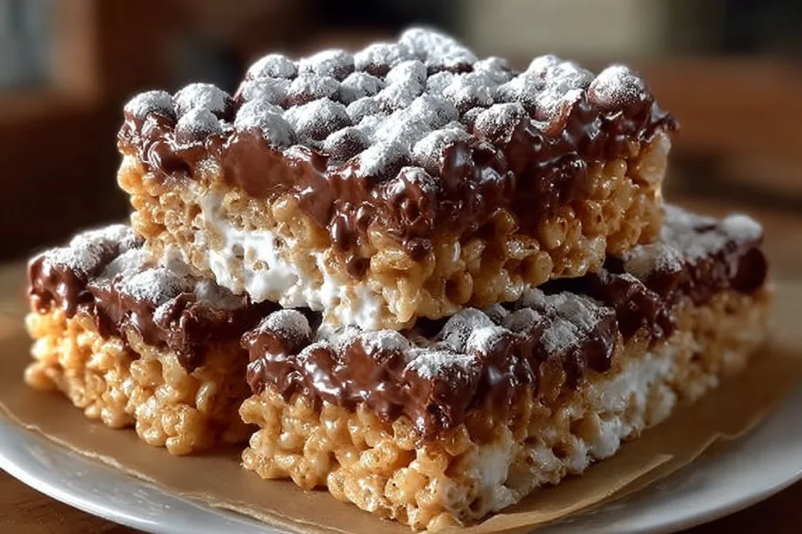 Delicious Muddy Buddy Rice Krispies treats displayed on a plate.