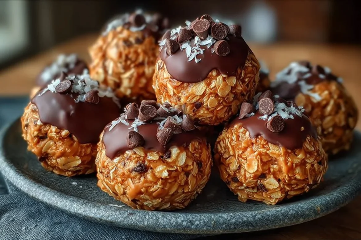 No-bake chocolate coconut oatmeal clusters in a bowl