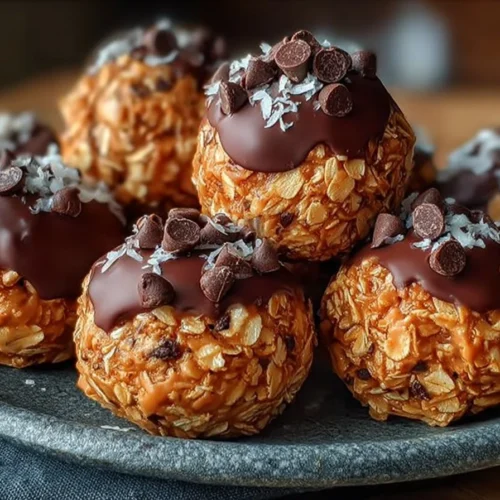 No-bake chocolate coconut oatmeal clusters in a bowl