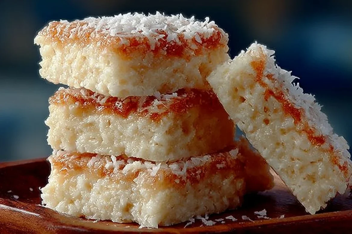 No-bake coconut bars stacked on a plate, showcasing their texture and coconut flakes.