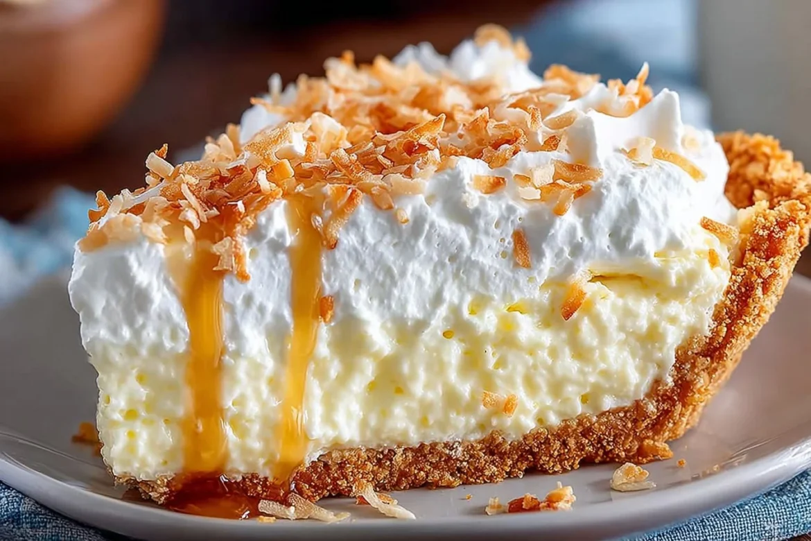 No Bake Coconut Cream Pie topped with whipped cream and coconut flakes