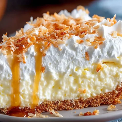 No Bake Coconut Cream Pie topped with whipped cream and coconut flakes