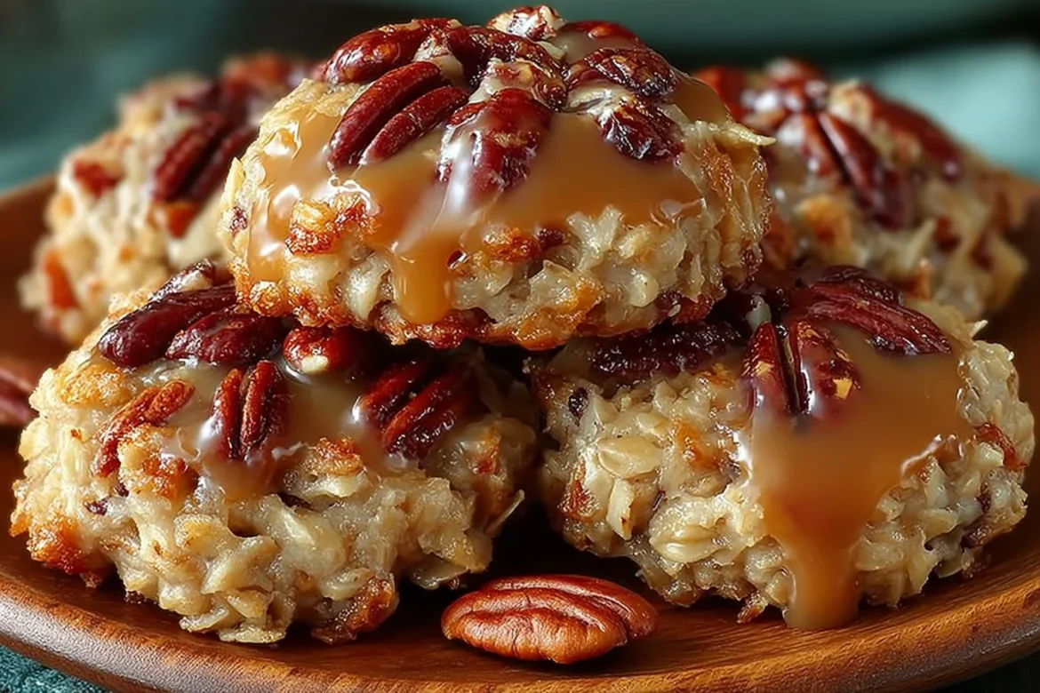 No-bake coconut pecan cookies topped with rich praline flavor