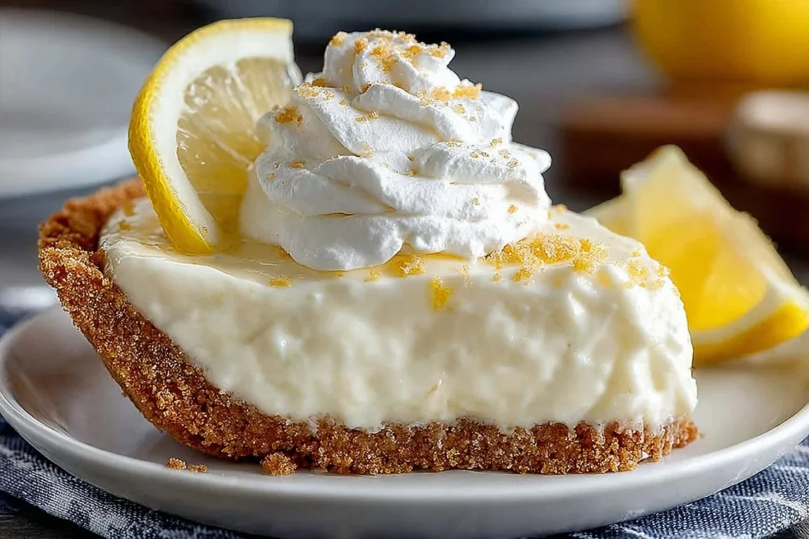 Slice of no-bake lemon icebox pie on a plate with a lemon slice garnish