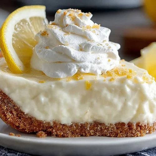 Slice of no-bake lemon icebox pie on a plate with a lemon slice garnish