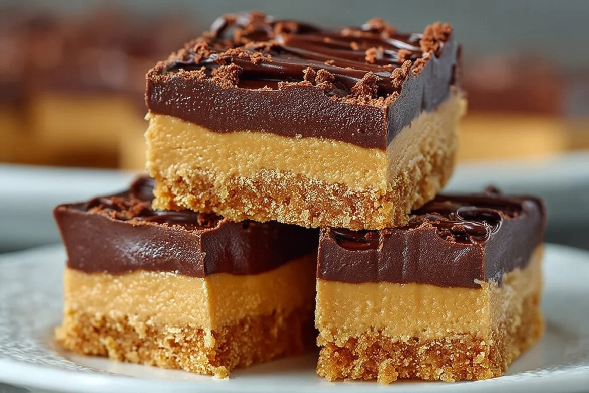 Delicious no bake peanut butter bars cut into squares and garnished with chocolate