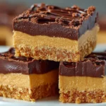 Delicious no bake peanut butter bars cut into squares and garnished with chocolate