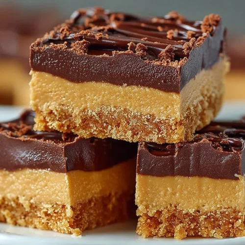 Delicious no bake peanut butter bars cut into squares and garnished with chocolate