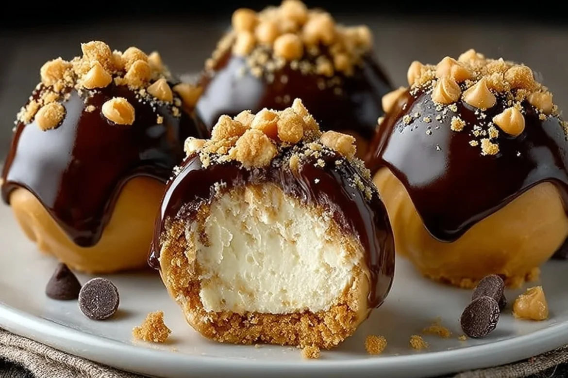 No-bake peanut butter cheesecake balls on a plate