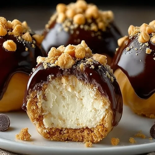 No-bake peanut butter cheesecake balls on a plate