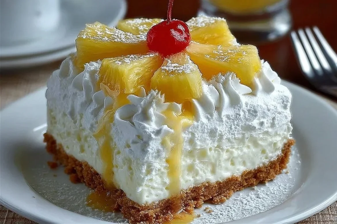 No-Bake Pineapple Cream Dessert with fresh pineapple slices and whipped cream