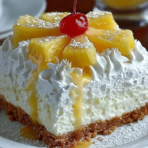 No-Bake Pineapple Cream Dessert with fresh pineapple slices and whipped cream