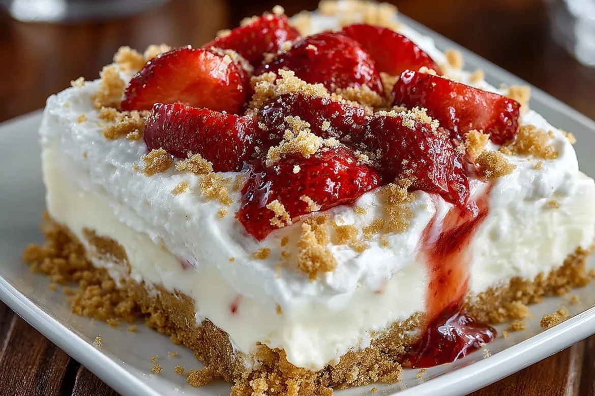 Delicious no bake strawberry shortcake dessert with fresh strawberries