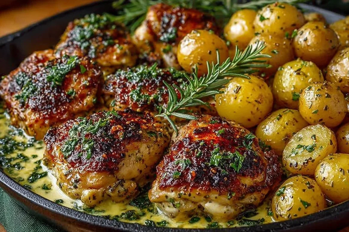 One-Pan Cowboy Garlic Chicken with Potatoes and Buttery Herb Sauce