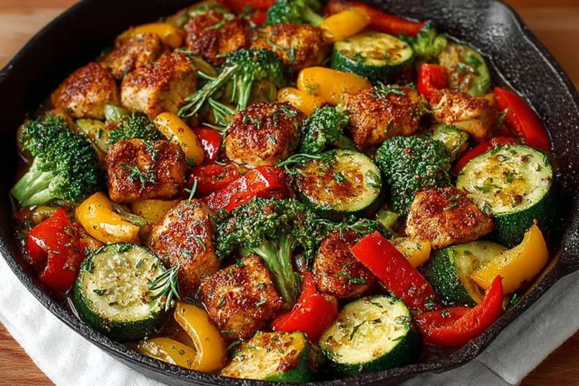 One-pot chicken and veggie skillet dish served in a cast iron pan