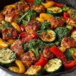 One-pot chicken and veggie skillet dish served in a cast iron pan