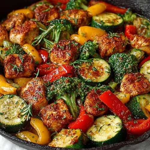 One-pot chicken and veggie skillet dish served in a cast iron pan